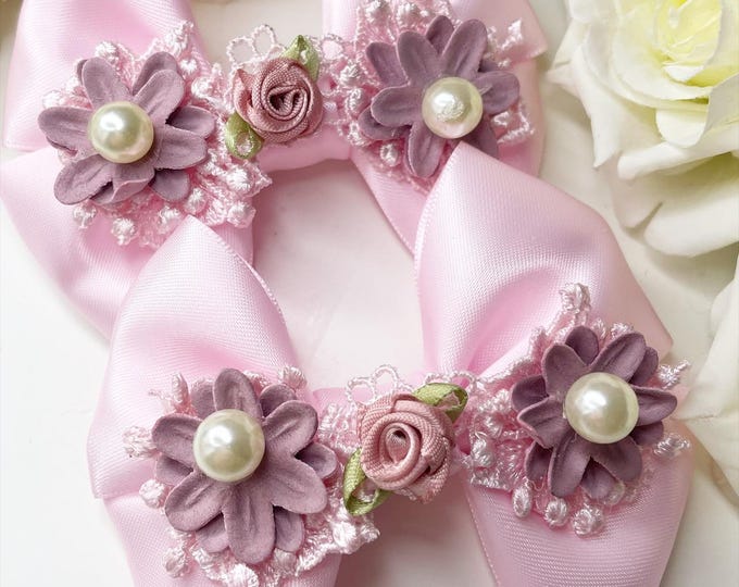Pigtail Bow Clips: Pink Flower Embroidered Hair Bows (Set of 2)