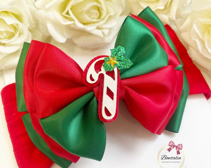 Candy Cane Christmas Bow: Red and Green Festive Hair Clip or Headband
