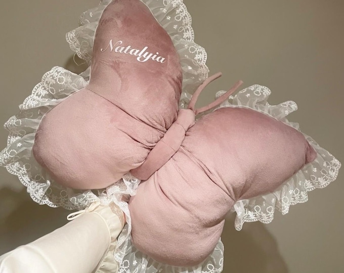 Personalized Velvet Butterfly Pillow, Blush Pink Lace Trim