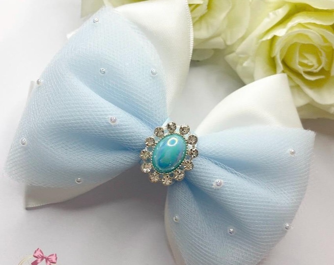 Blue Tulle Hair Bow: Pearl Princess Bow Clip or Headband