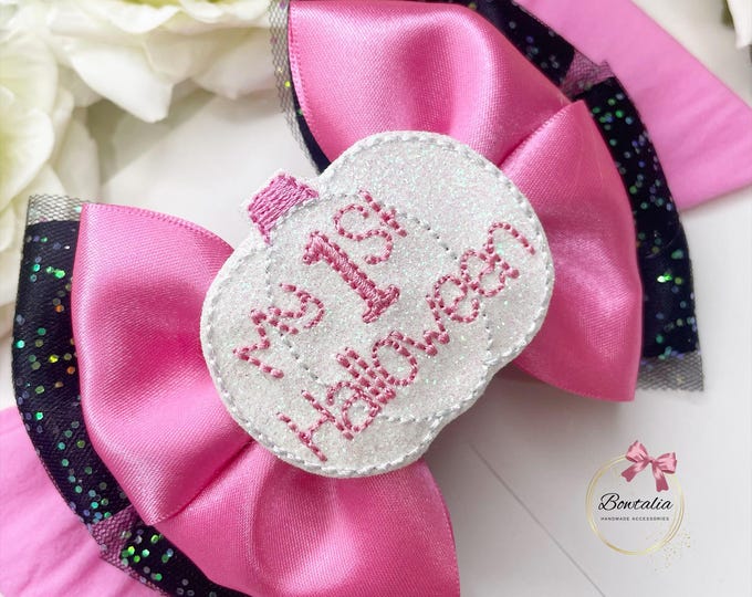 Pink & Black Halloween Bow: Pumpkin Hair Clip or Headband