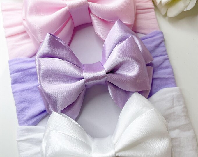 Baby Bow Headband Bundle: Pink, Lilac, White Nylon Headbands