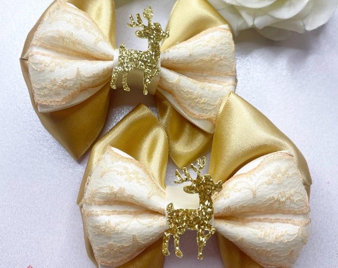 Gold Reindeer Hair Bows: Matching Pigtail Clips, festive bows