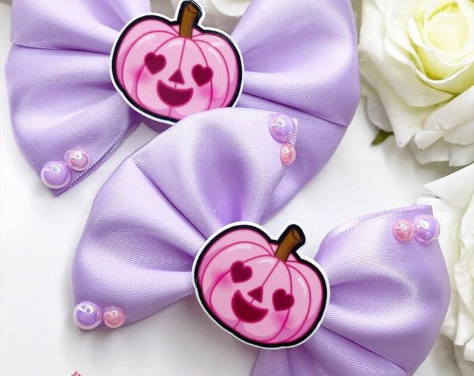 Lilac Halloween Bows: Pink Pumpkin Piggies, Pearl Details (Set of 2)