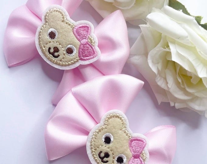 Teddy Bear Bow Clips: Pink Handmade Hair Accessories, 3" Piggie Clips