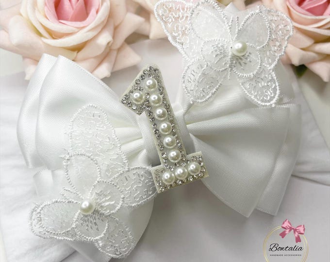 Butterfly Birthday Bow: Pearl Initial Headband or Clip