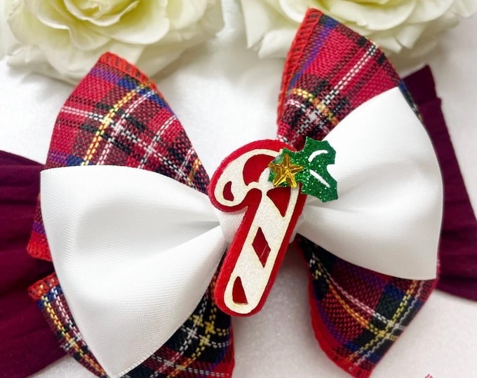 Christmas candy cane Bow, Festive Baby Headband, tartan bow