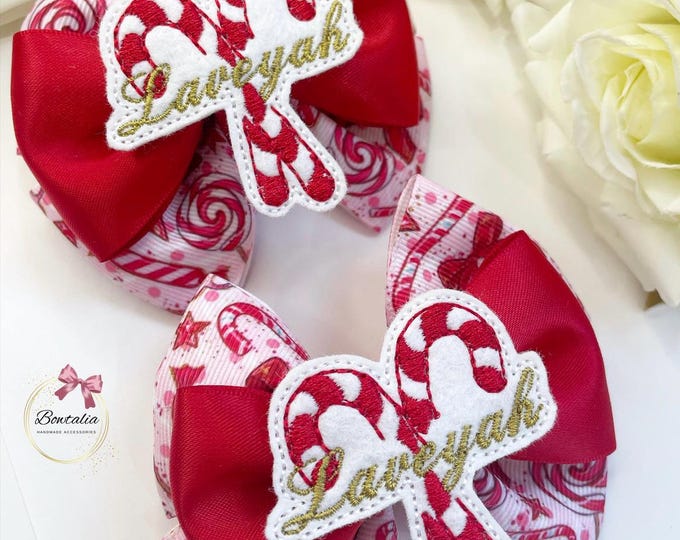 Personalized Christmas Hair Bow: Candycane Center, Baby Xmas Bow
