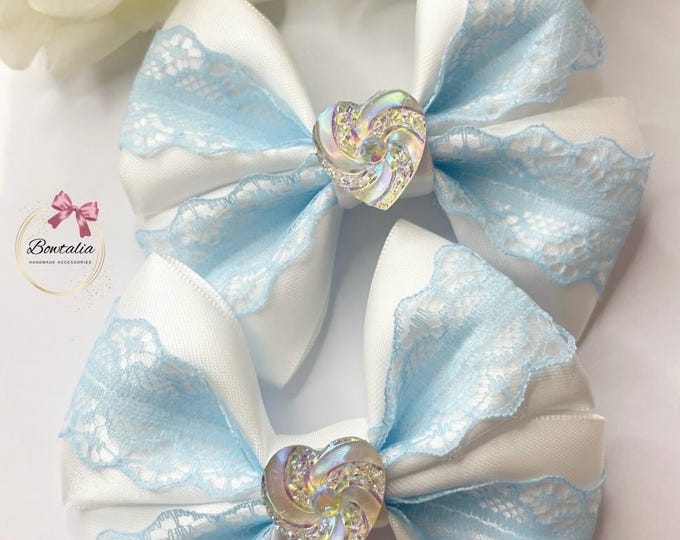 Lace Baby Bow Clips: White & Blue Handmade Hair Accessories