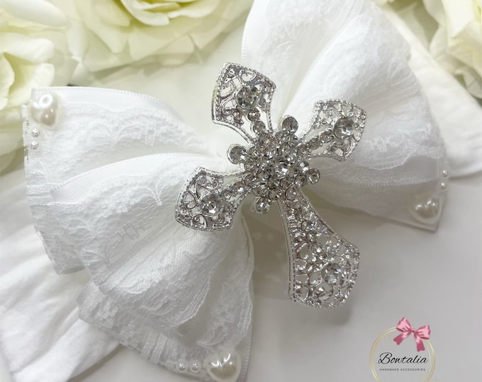 Christening Headband: White Lace Bow with Silver Cross