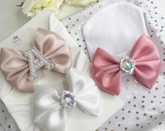 Baby Girl Bow Bundle: Pearl Initial Bow, Newborn Hat