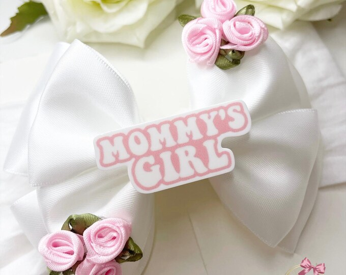 Mommy's Girl Bow: White Hair Bow with Flowers
