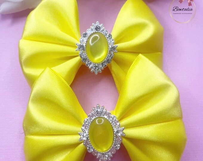 Yellow Pigtail Bow Clips: Handmade Hair Accessories - Set of 2