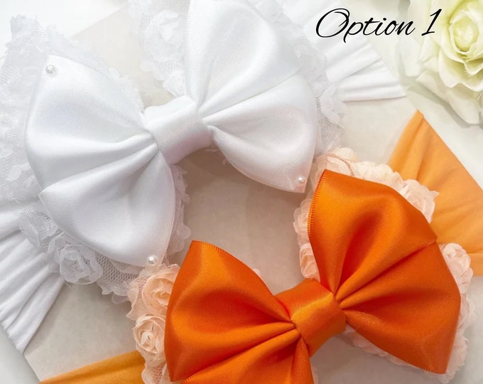 Christening Headband: White or Orange Satin Bow, Baby Girl Headband