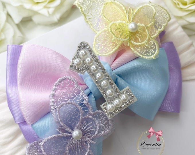 Baby Girl First Birthday Bow: Multicolored Butterfly Headband