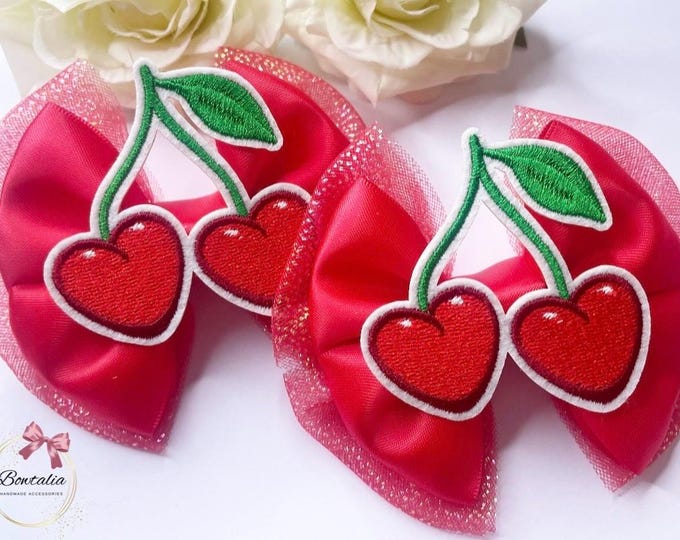 Red Cherry Bow Hair Clips: Handmade Piggie Pair