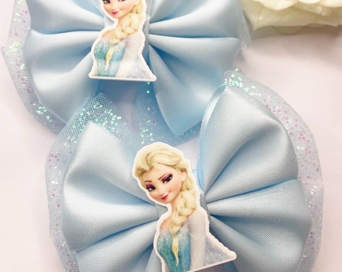 Character Hair Bow Clips: Handmade Glitter Blue Party Bows (Set of 2)