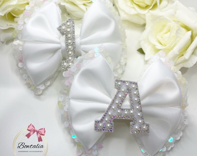 Sequin Tulle Baby Bow: Pearl Initial Christening Headband