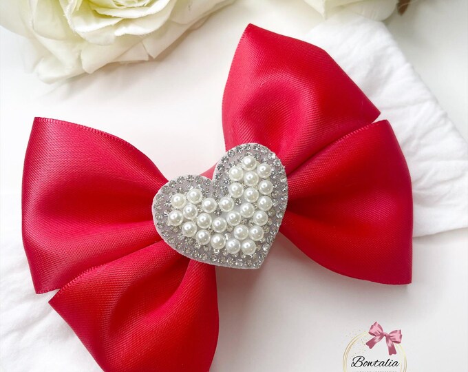 Red Valentine's Bow: Pearl Heart Hair Clip or Headband