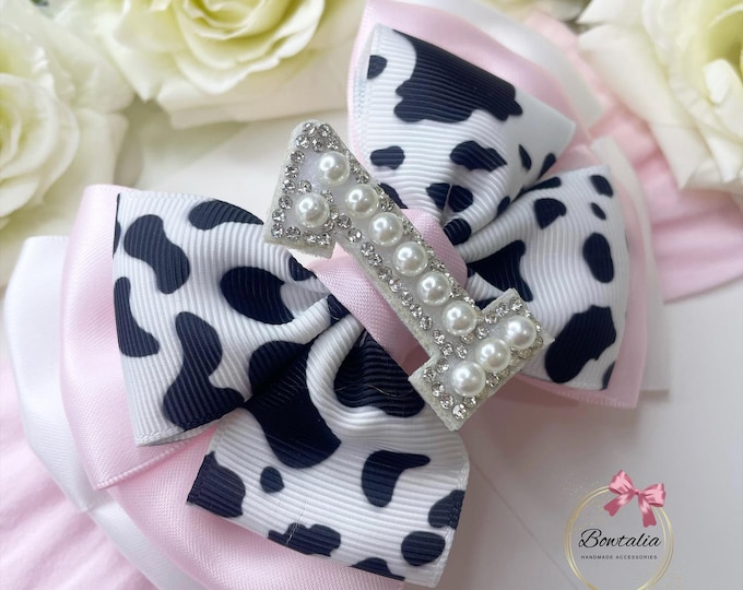 Cow Print Birthday Bow Headband: Pink Satin, Pearl Number One