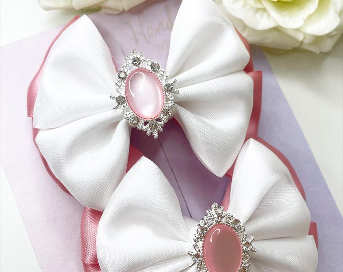 Pink & White Bow Clips: Pearl Embellished Hair Accessories