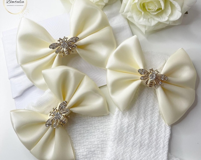 Baby Girl Bee Bow Headband and Socks Set: Cream & Gold