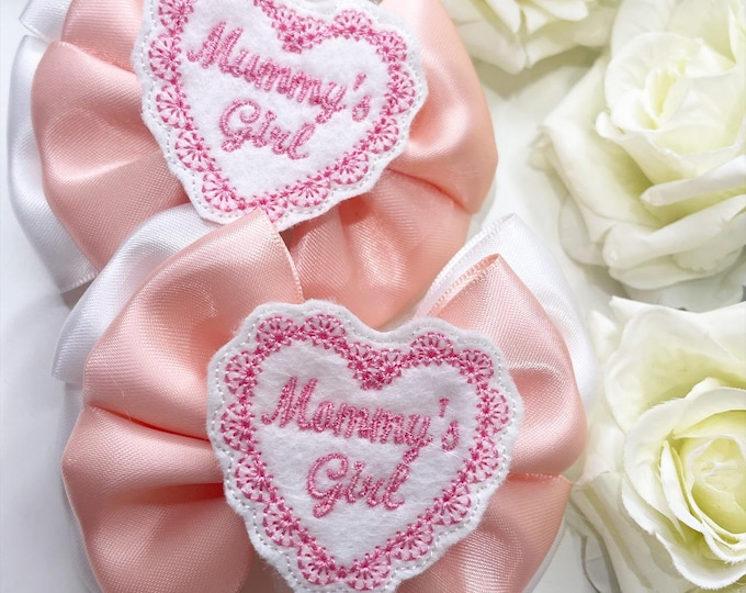 Pigtail Hair Bows: Peach & White 'Mummy's Girl' Clips