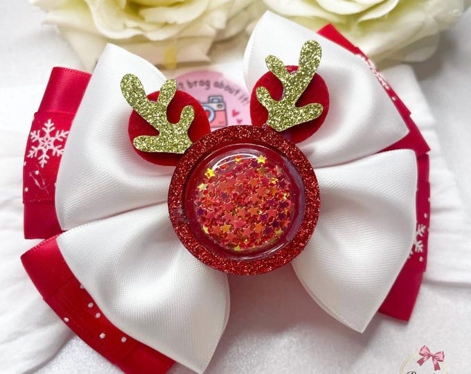Christmas Baby Headband: Red White Reindeer Bow