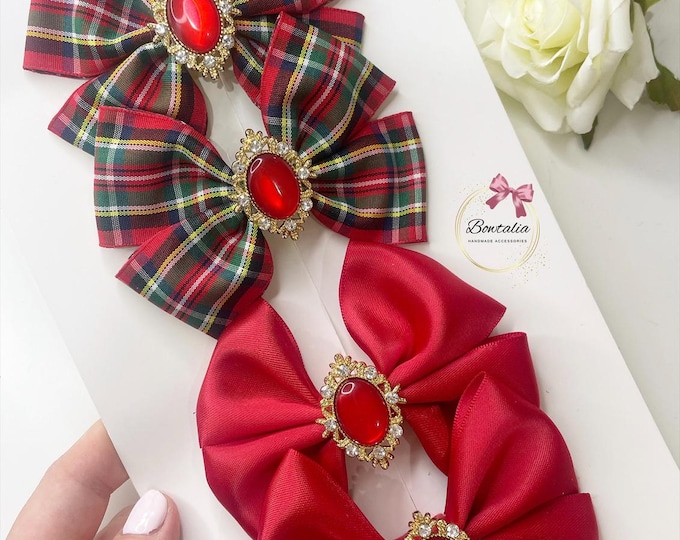 Christmas Hair Bows: Tartan or Red Pigtail Clips