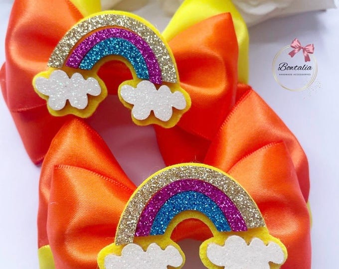 Rainbow Hair Bow Clips: Orange & Yellow Piggies - Set of 2