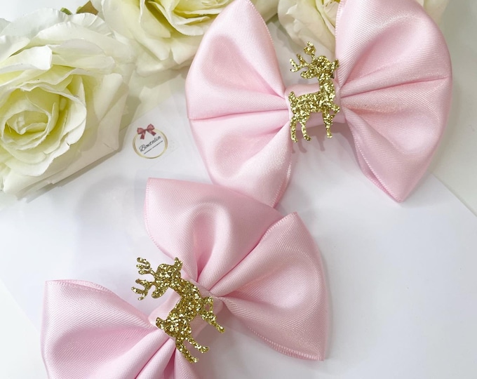 Pink Reindeer Hair Bows: Matching Pigtail Clips