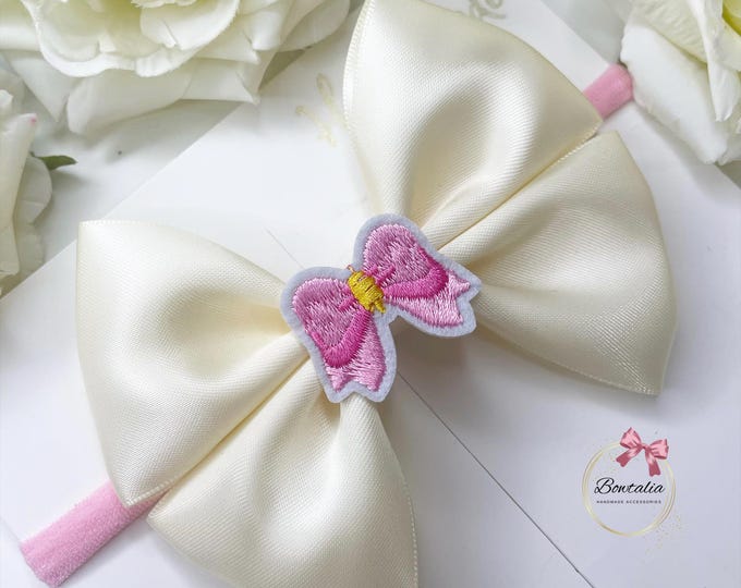 Cream Bow Headband: Embroidered Center, Baby Girl Hair Accessory