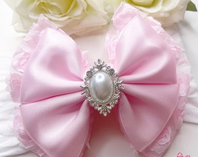 Pink Tulle Pearl Bow: Baby Headband or Clip