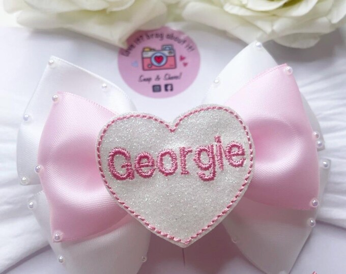 Personalized Baby Headband: Pink & White Bow with Pearl Details