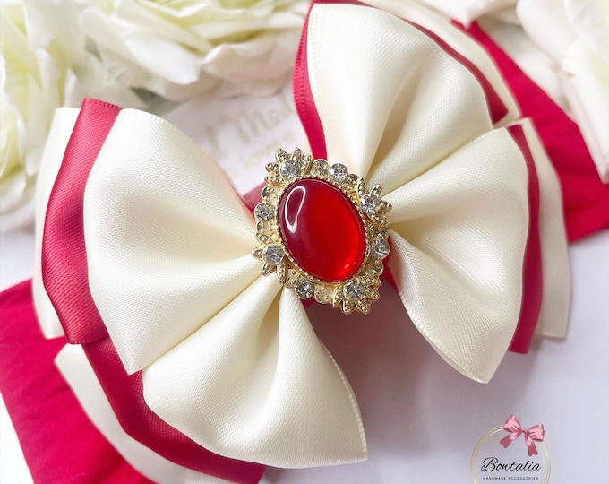 Red & Cream Baby Bow Headband: Festive Christmas Bow