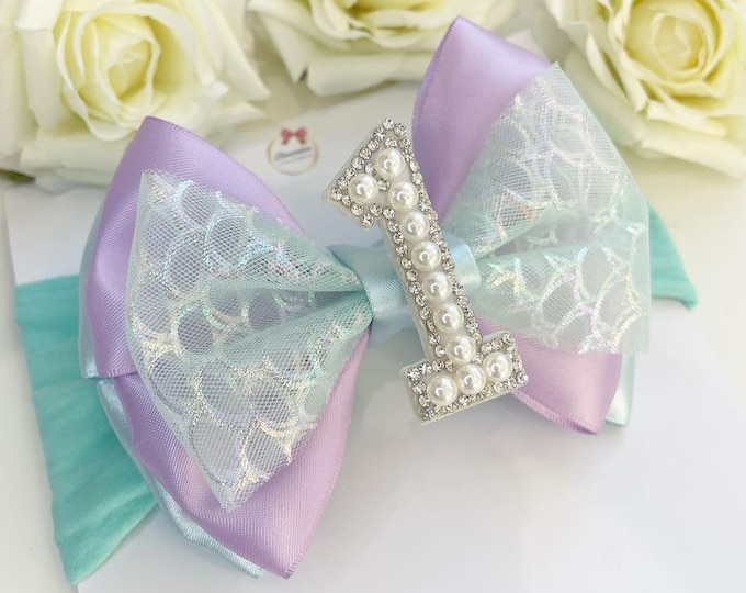 Mermaid Birthday Bow: Pearl Number, Baby Headband or Clip