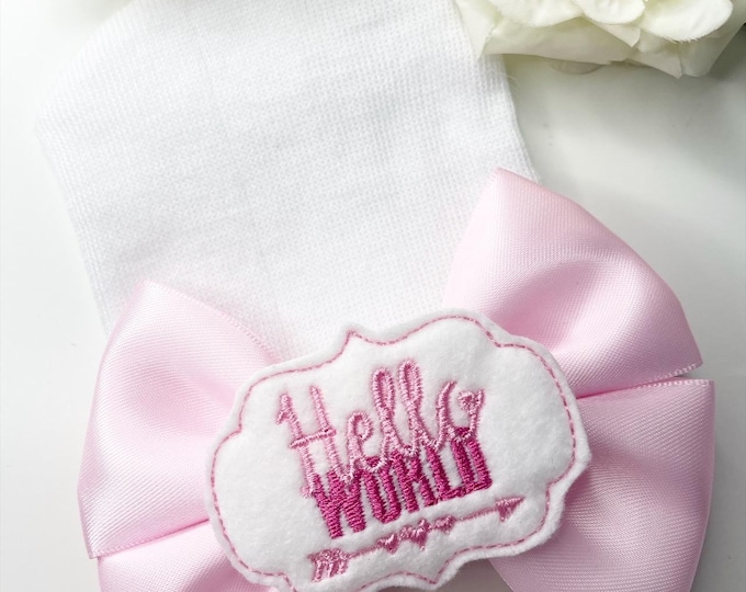 Newborn Girl Hat: White Hospital Beanie with Pink Bow