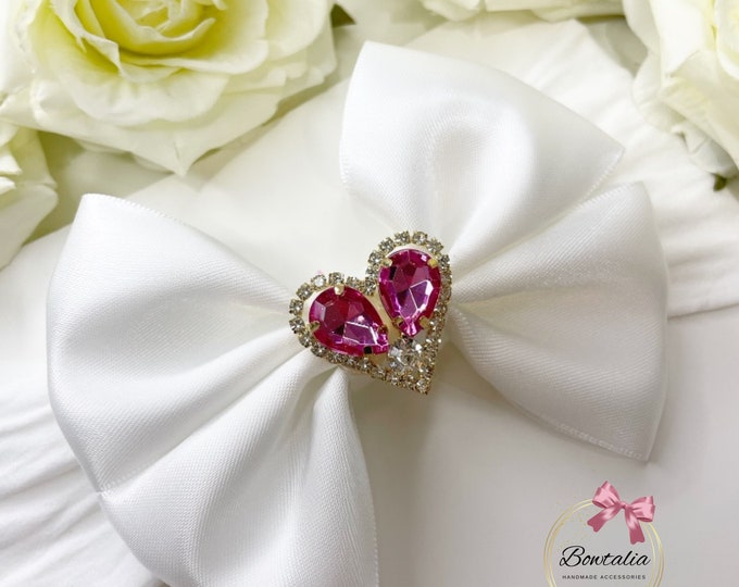 White Baby Bow Headband: Pink Heart Rhinestone, Nylon Headband
