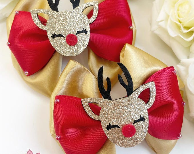 Christmas Reindeer Pigtail Bows: Red & Gold Hair Clips (Set of 2)