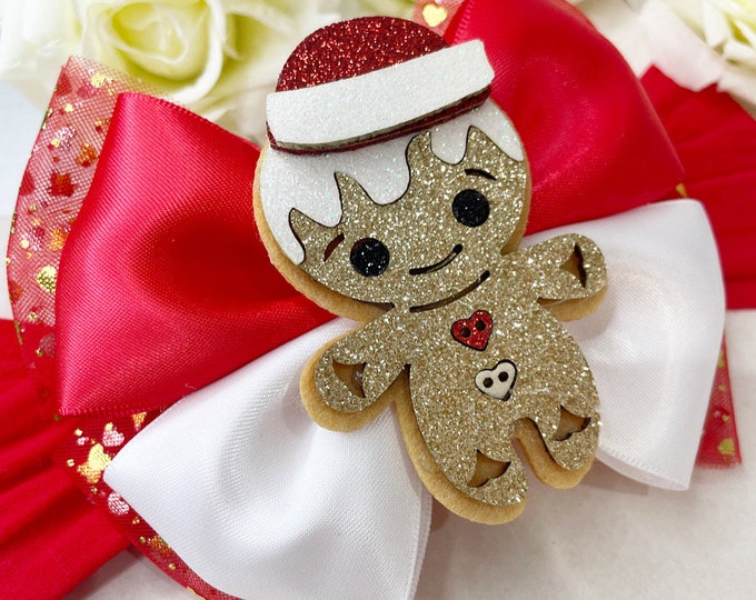Gingerbread Man Christmas Bow: Red & White Baby Headband or Clip