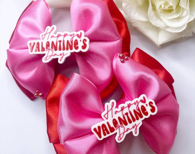 Valentines Day Hair Bows: Pink & Red Piggies, Girls Hair Clips