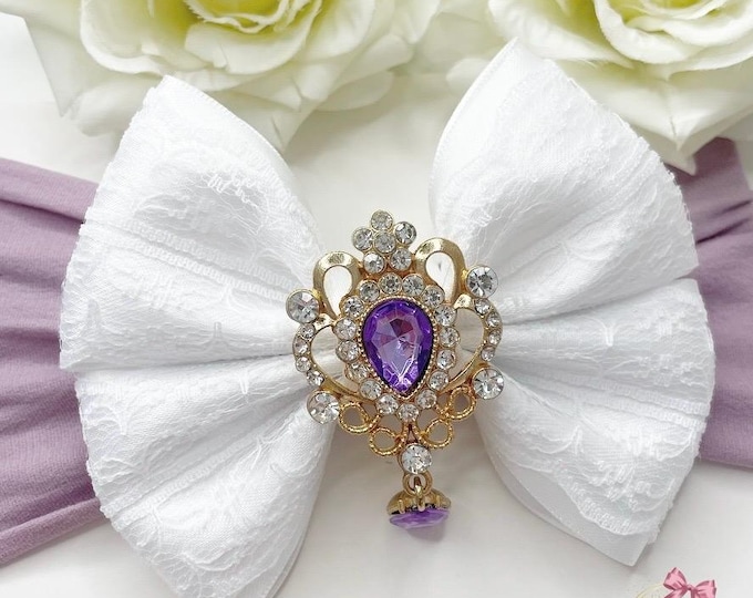 Lace Bow Baby Headband: Purple Teardrop Center, Plum Band