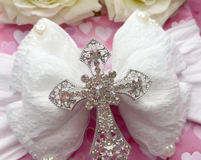 Christening Headband: White Lace Bow with Silver Cross
