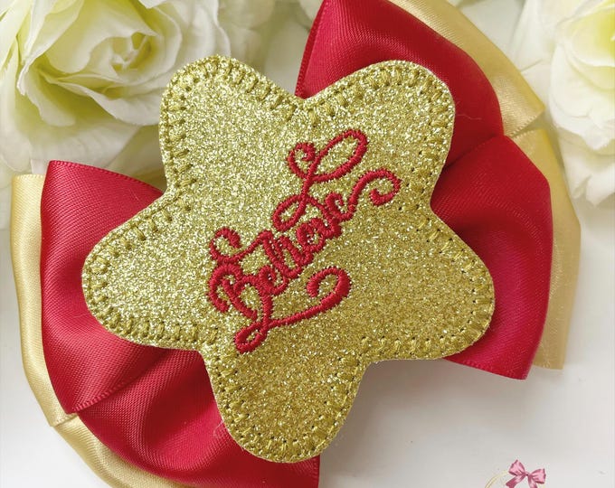 Christmas Hair Bow: Red & Gold Star 'Believe' Headband or Clip