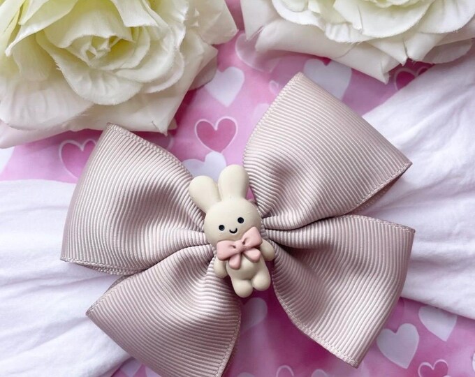 Taupe Bunny Bow, Baby Headband or Clip, Easter Hair Accessories