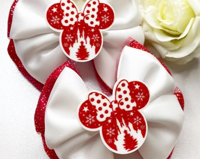 Christmas Pigtail Hair Bows: Mouse Embellished Clips (Set of 2)