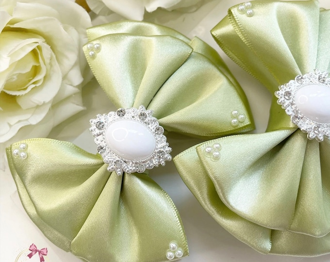 Sage Green Hair Bows: Pearl Embellished Pigtail Clips