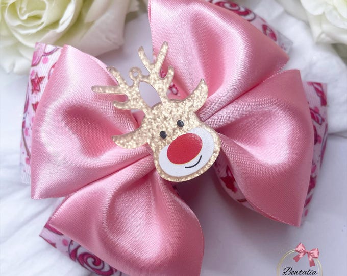 Pink Christmas Bow Headband: Reindeer Candy Cane Festive Hair Bow