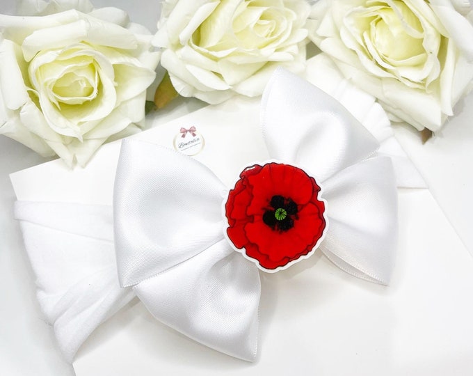 Remembrance Day Baby Headband: White Bow with Poppy