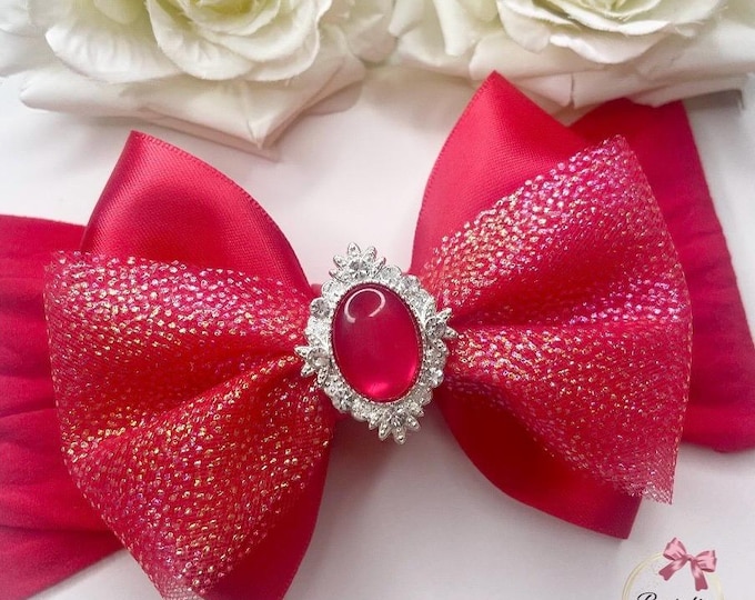 Red Tulle Bow Headband: Glitter Party Hair Accessory